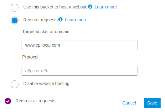 AWS S3 Static Redirect Properties